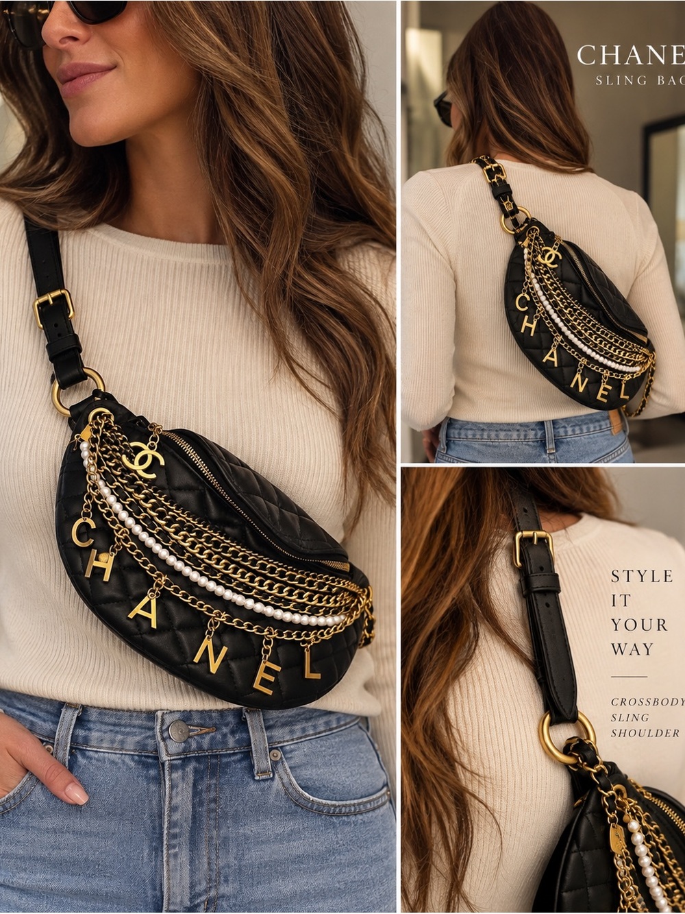 CHANEL Black Quilted Leather Crossbody with Gold Chains, Pearl & Letter Charms